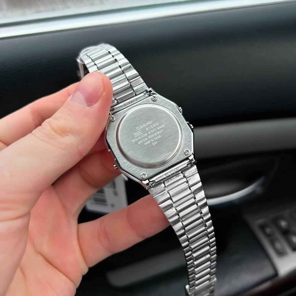 Casio Vintage Digital Watch - A158WA-1DF, Stainless Steel Chain Band, Silver - Image 2